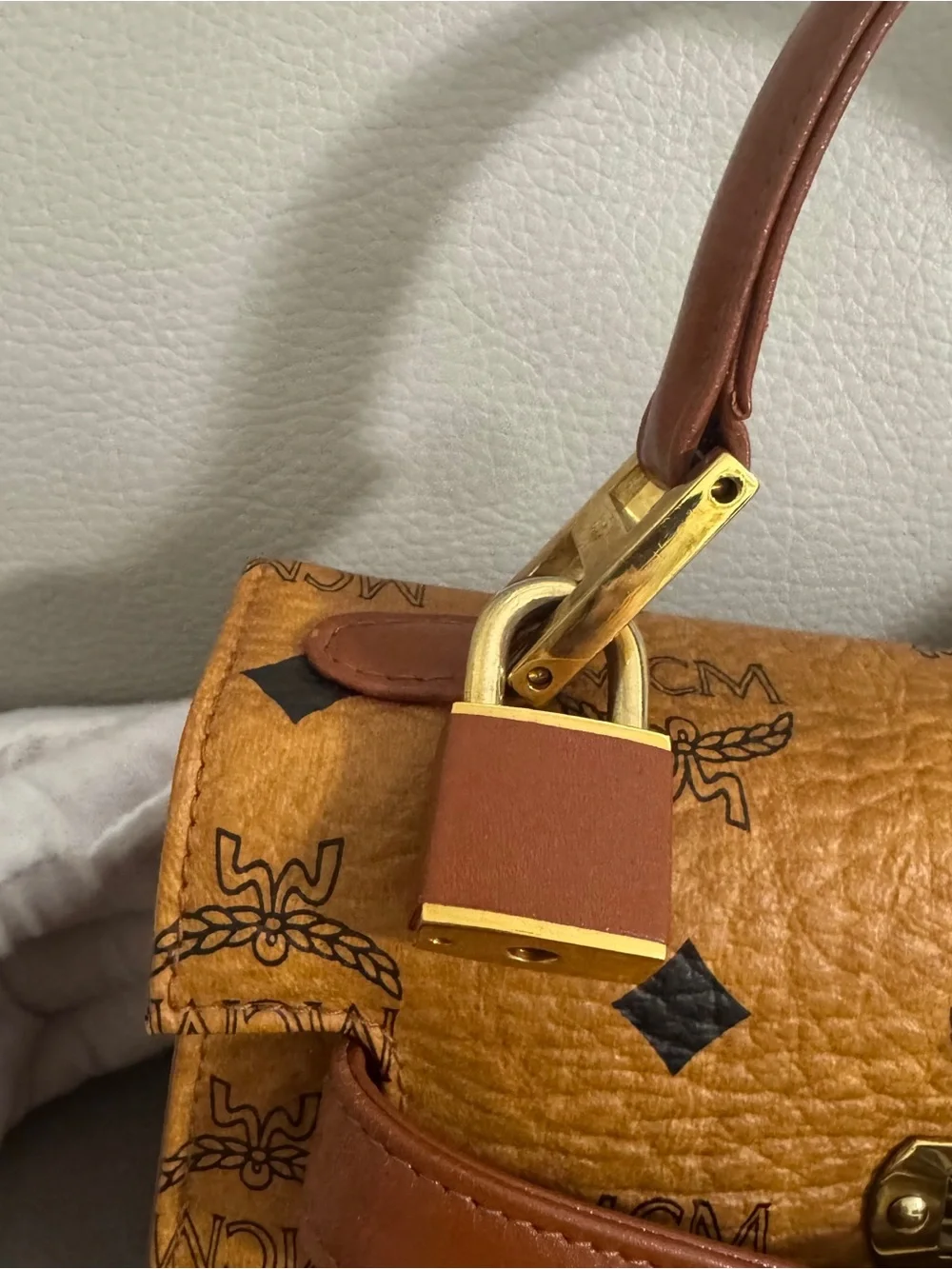 MCM Brown Kelly Cognac Visetos Top Handle Satchel with Gold Hardware